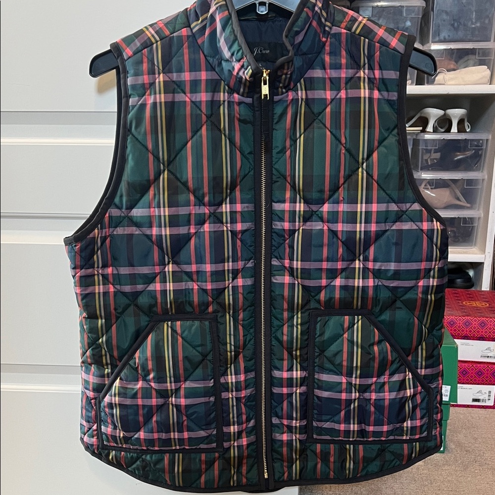 J. Crew Quilted Plaid Puffer Vest in Green, Pink & Yellow